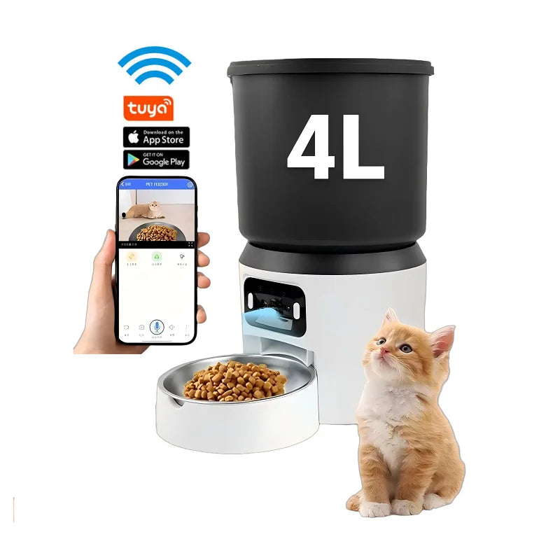 Cuppy Feeder Cam with the app on a phone and a kitten