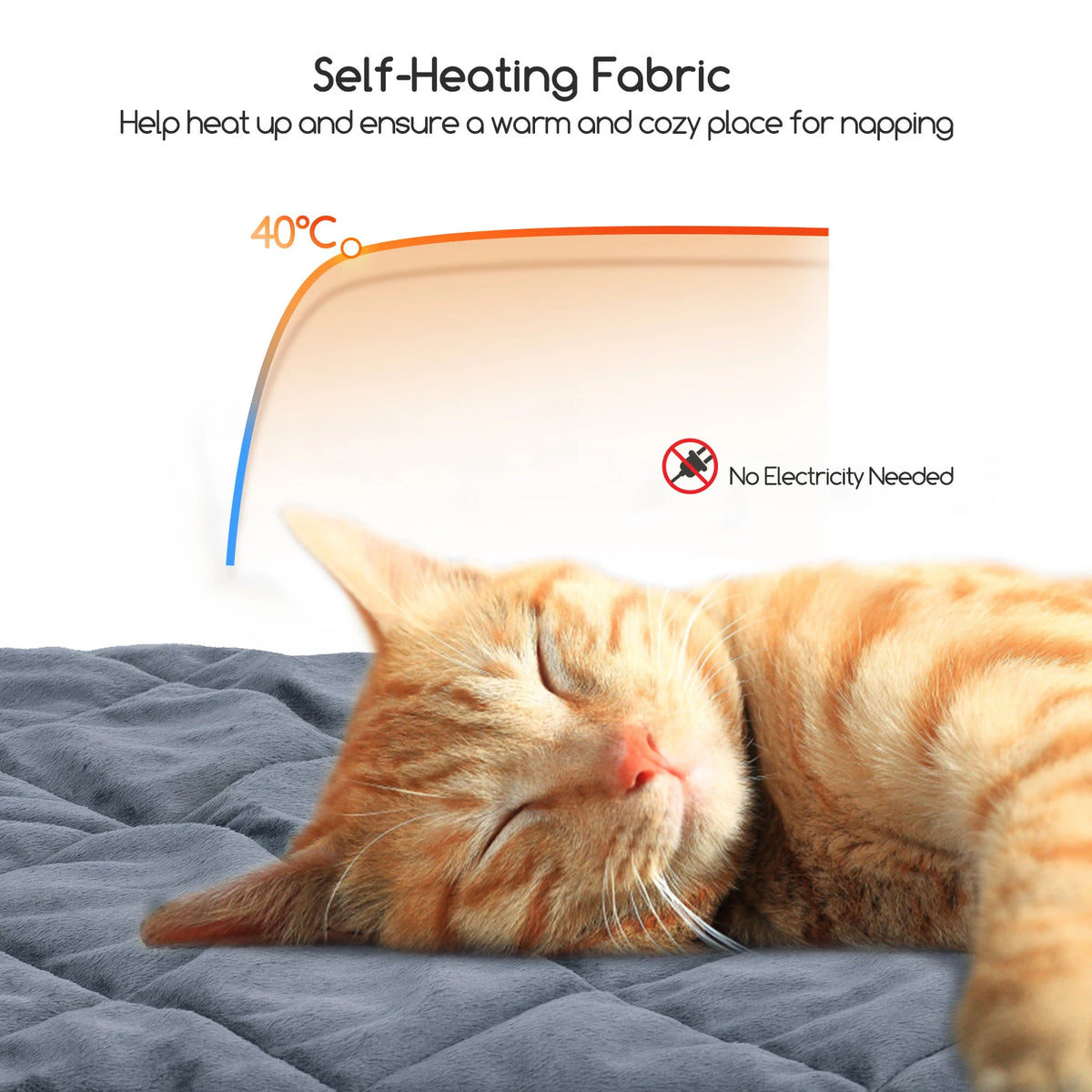 Cat sleeping on the self-warming fleece mat, no electricity needed