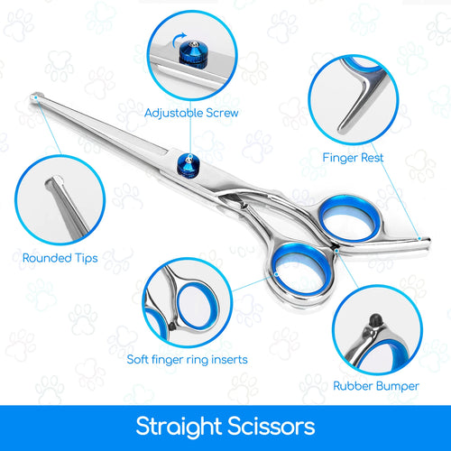 Straight grooming scissors with rounded tips, finger rest and adjustable screw