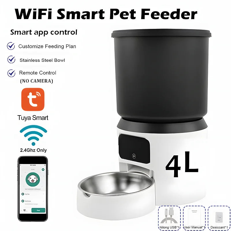 Cuppy Feeder Cam overview: app control, stainless steel bowl, 4 L container