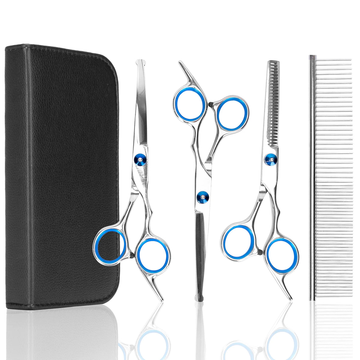 Cuppy Groom Kit: straight, thinning and curved scissors, steel comb and black storage case