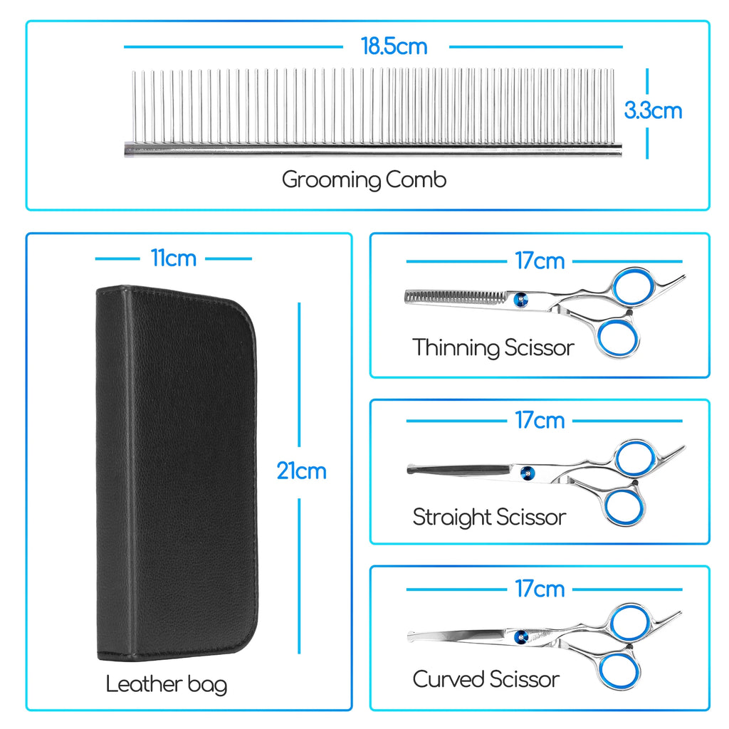 Sizes of the comb, case and three scissors in the Cuppy Groom Kit