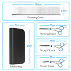 Sizes of the comb, case and three scissors in the Cuppy Groom Kit