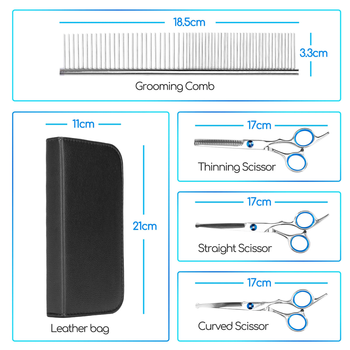 Sizes of the comb, case and three scissors in the Cuppy Groom Kit
